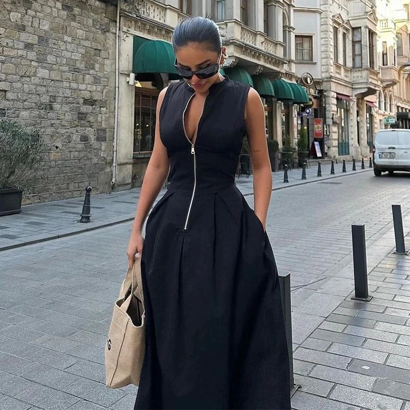 Sleeveless Spliced Zipper V-Neck Pleated Work Dress