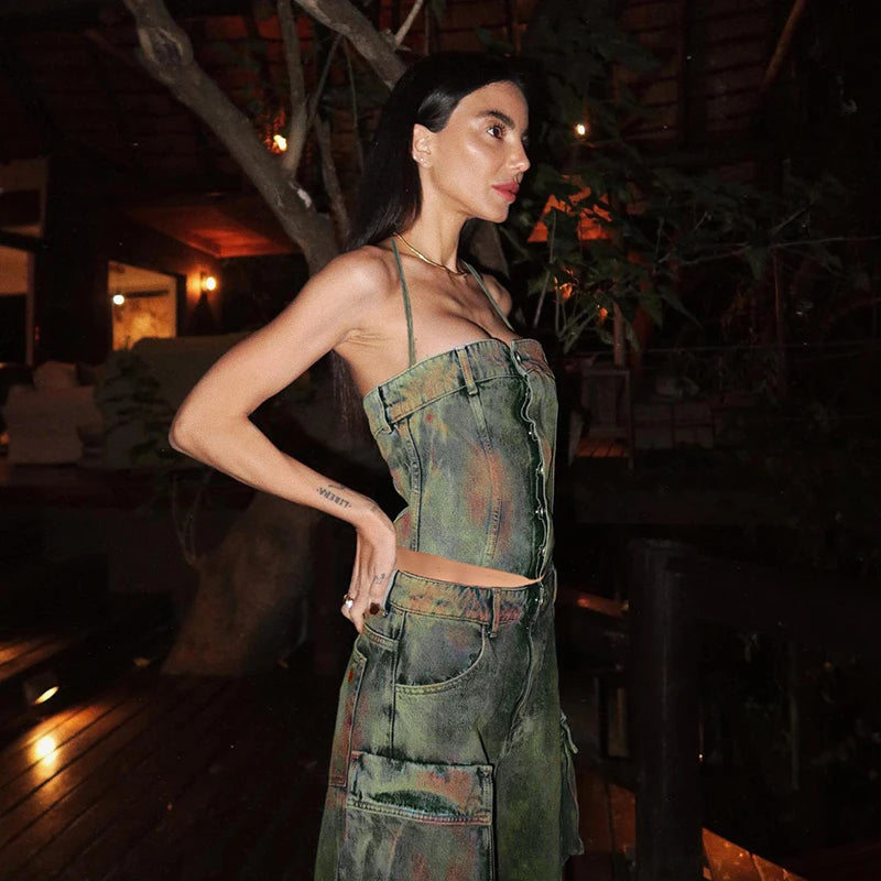 Denim Button Backless Off Shoulder Cami Top Main image