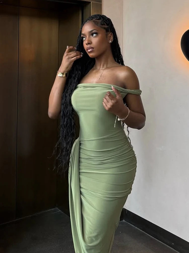 Ruched Off Shoulder Slim Midi Dress