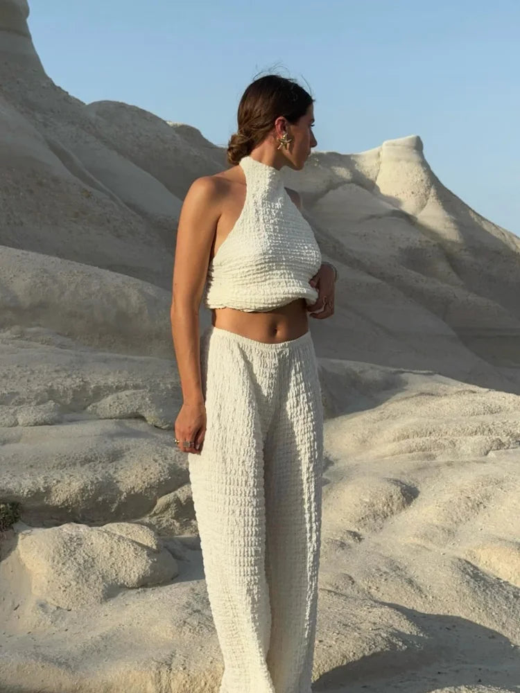 Pleated Halter Backless Wide Leg Two Piece Pants Set Main image