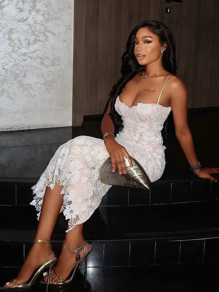 Slip Embroidery Corset Straps Midi Lace Dress Secondary image