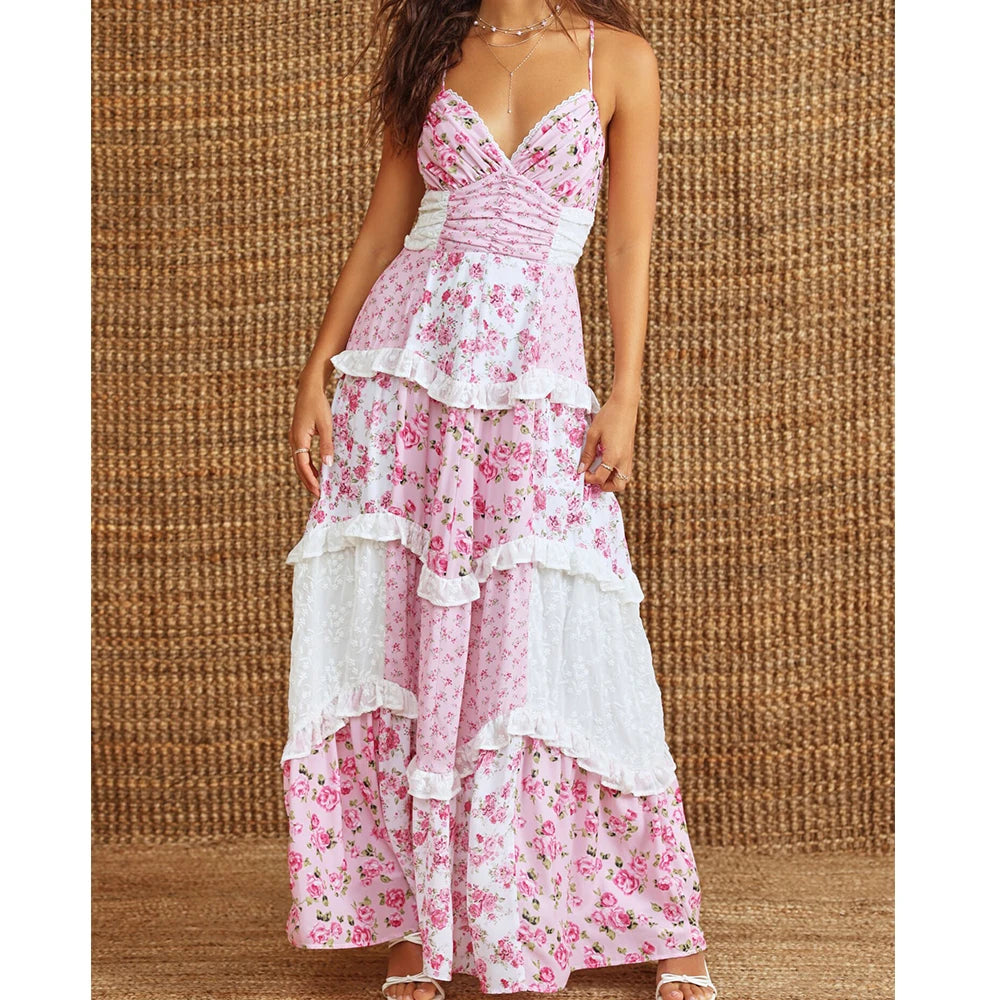 Boho Tie Shoulder Patchwork Floral Dress Secondary image