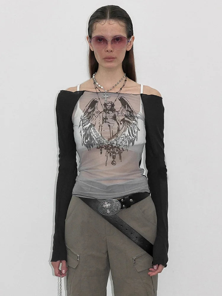 Knitted Mesh Character Print Sheer Top Main image