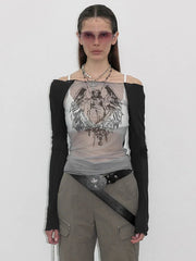 Knitted Mesh Character Print Sheer Top