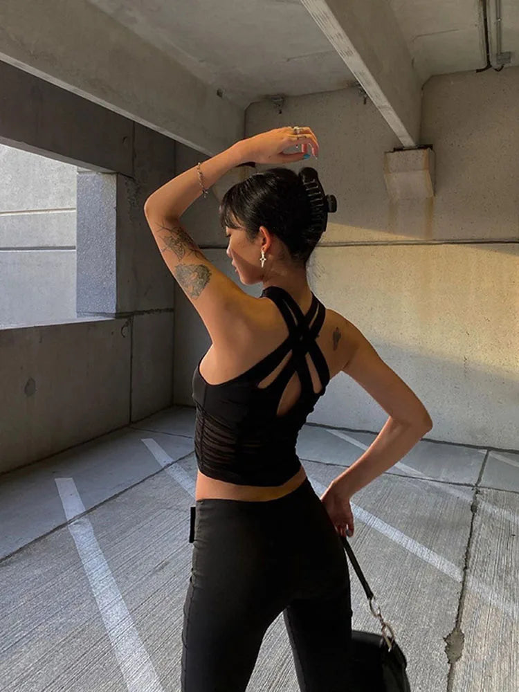 Hollow Halter Ruched Patchwork Mesh Cami Top Secondary image