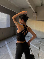 Hollow Halter Ruched Patchwork Mesh Cami Top