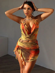 Tie Dye Halter Cut Out Ruffle Mini Dress