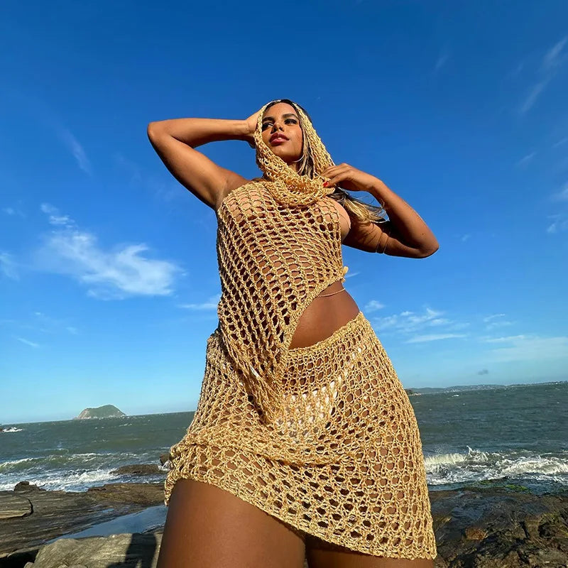 Hollow Out Knit Sequin Hooded Mini Crochet Two Piece Skirt Set Secondary image