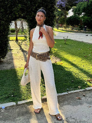 Pleated Halter Backless Wide Leg Two Piece Pants Set