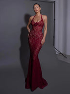 Flower Mermaid Burgundy Maxi Lace Dress