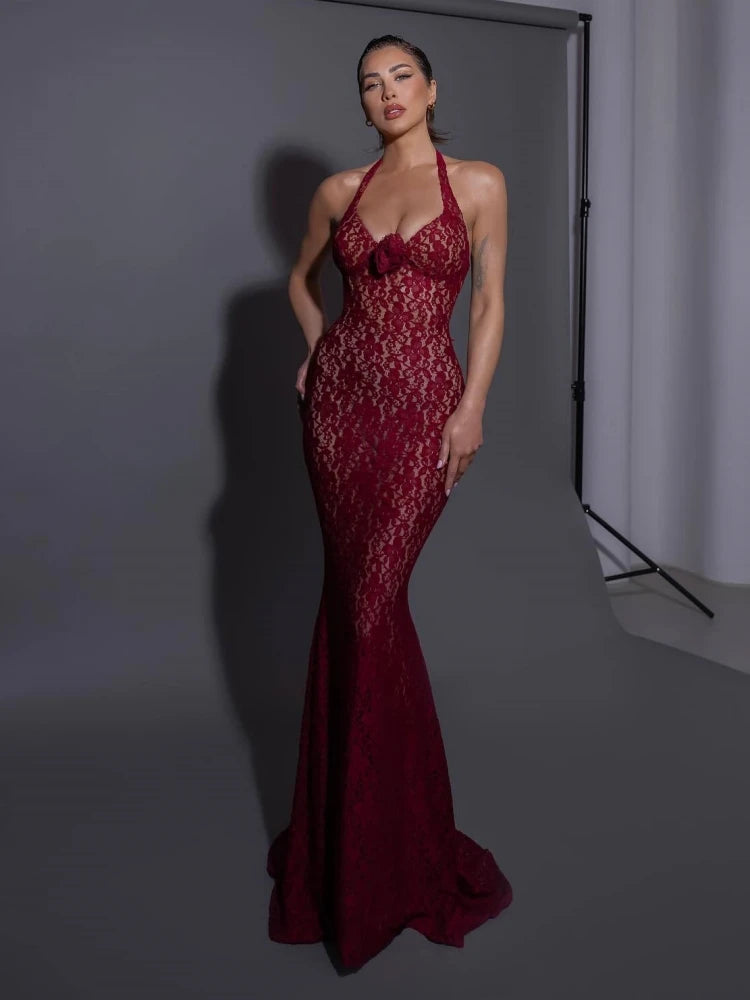 Flower Mermaid Burgundy Maxi Lace Dress