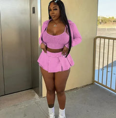 Ribber Pleated Vest Long Sleeve Super Mini Two Piece Skirt Set