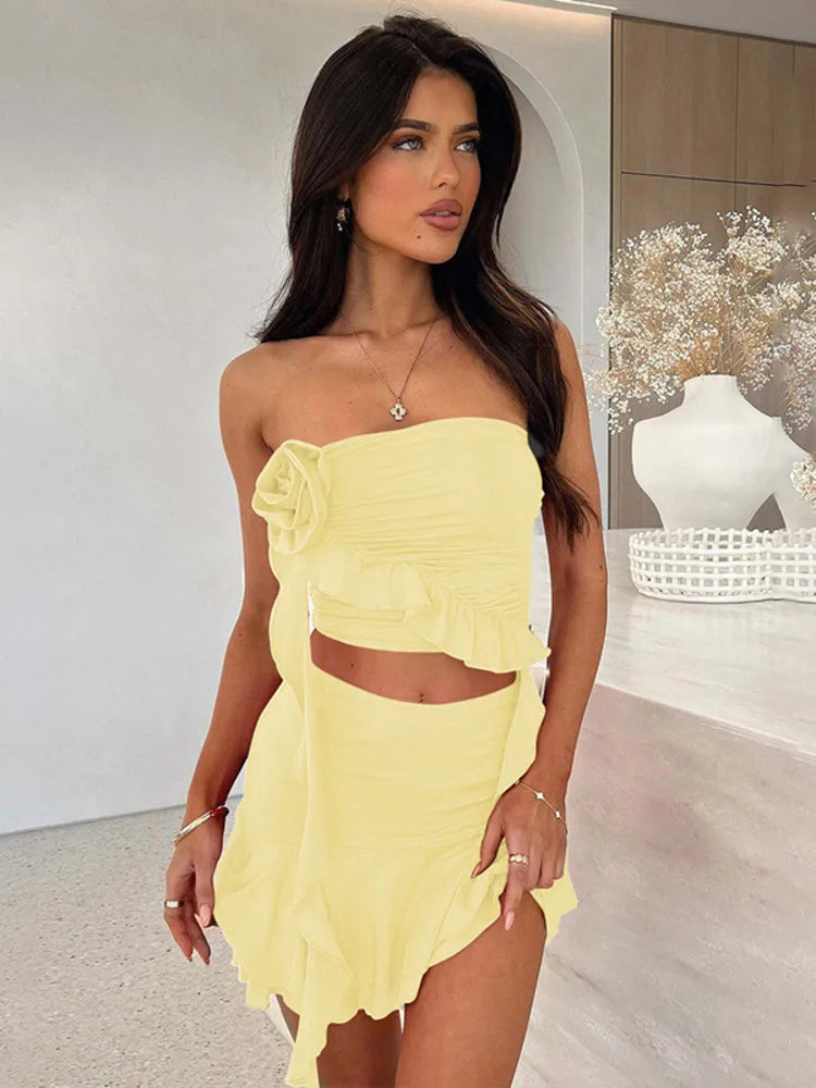 Strapless Rose Ruffled Mini Knit Set