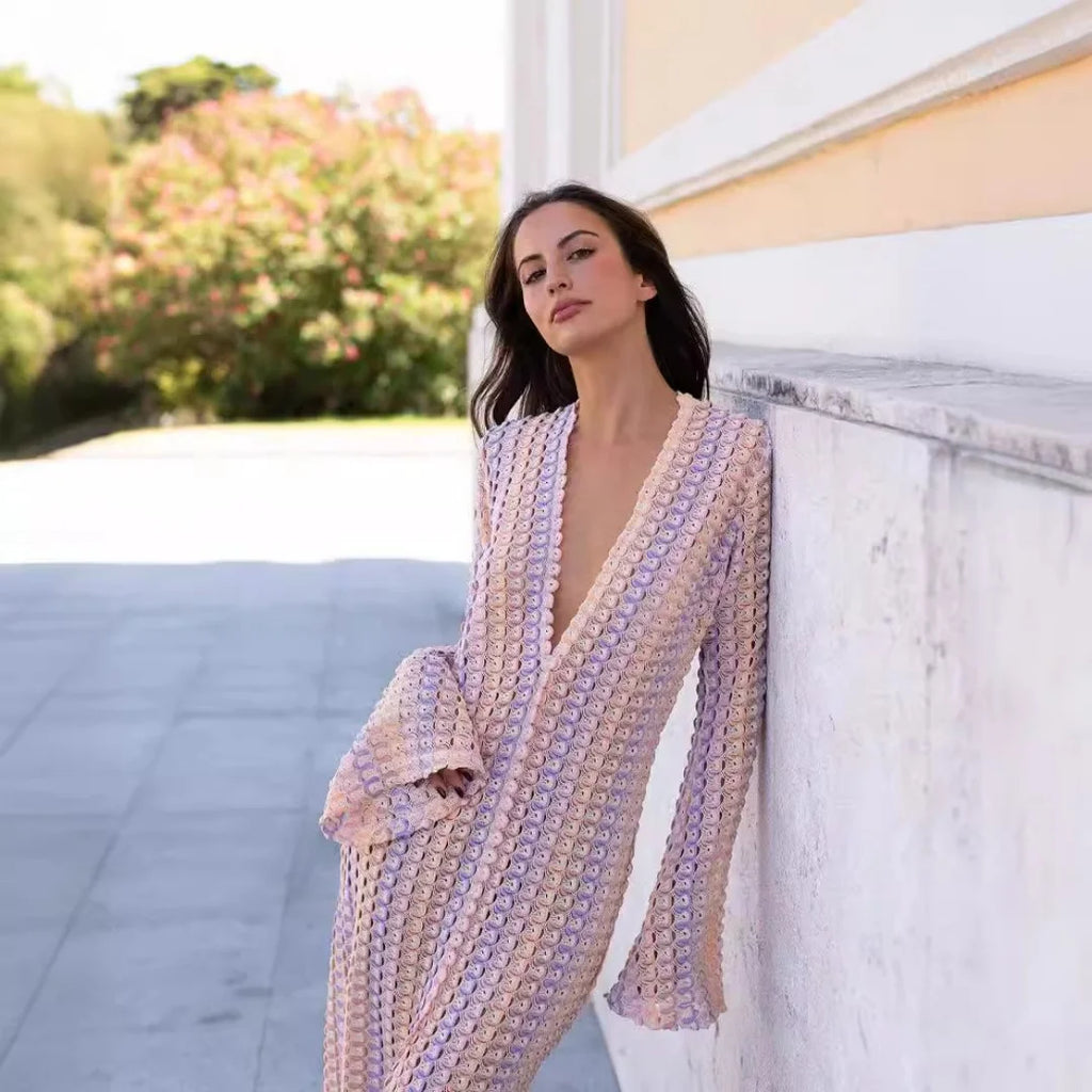 Crochet Stripe Flare Sleeve Maxi Dress