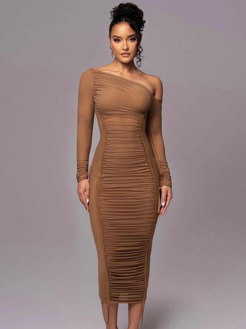 Diagonal Collar Draped Mesh Maxi Dress