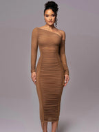 Diagonal Collar Draped Mesh Maxi Dress