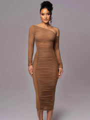 Diagonal Collar Draped Mesh Maxi Dress