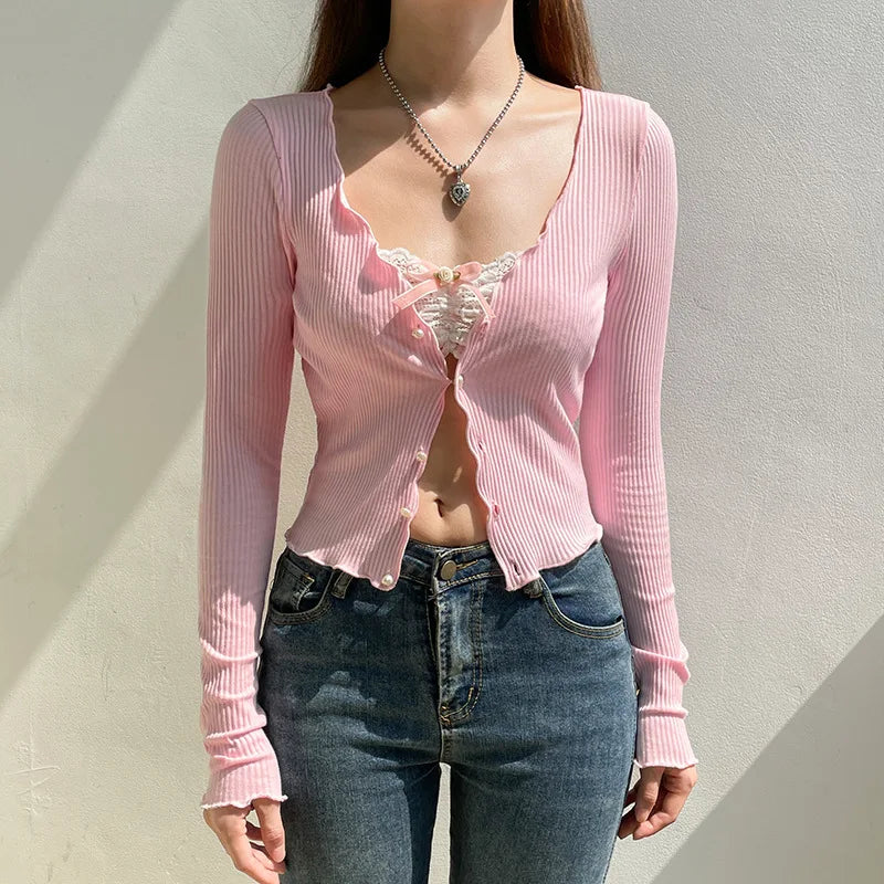 Pink V-neck Lace Long Sleeve Crop Top Main image