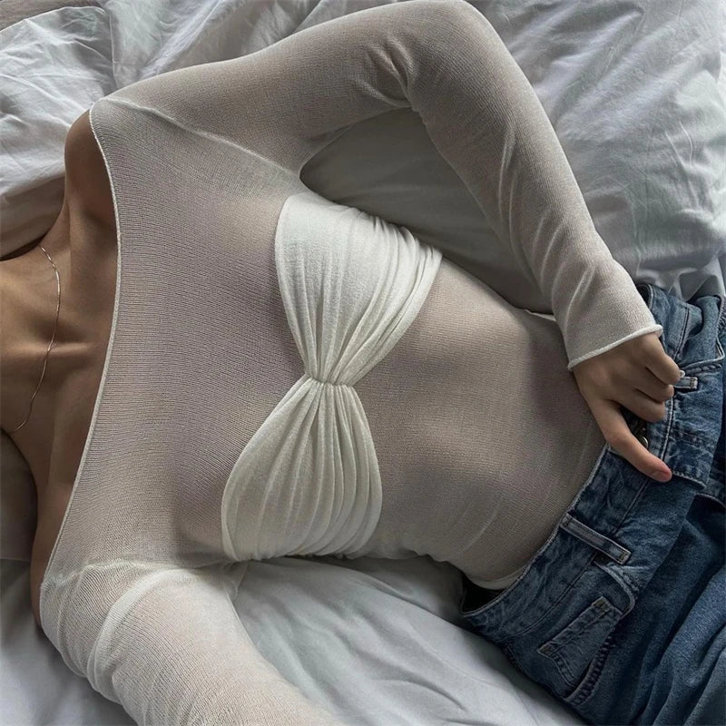 Twist Knit Lace Mesh Sheer Top Main image