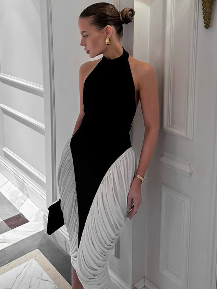 Patchwork Halter Backless Midi Dress Main image