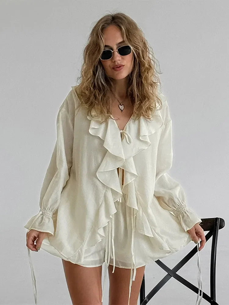 Ruffle Lace Up Chiffon Shorts Knit Set Secondary image
