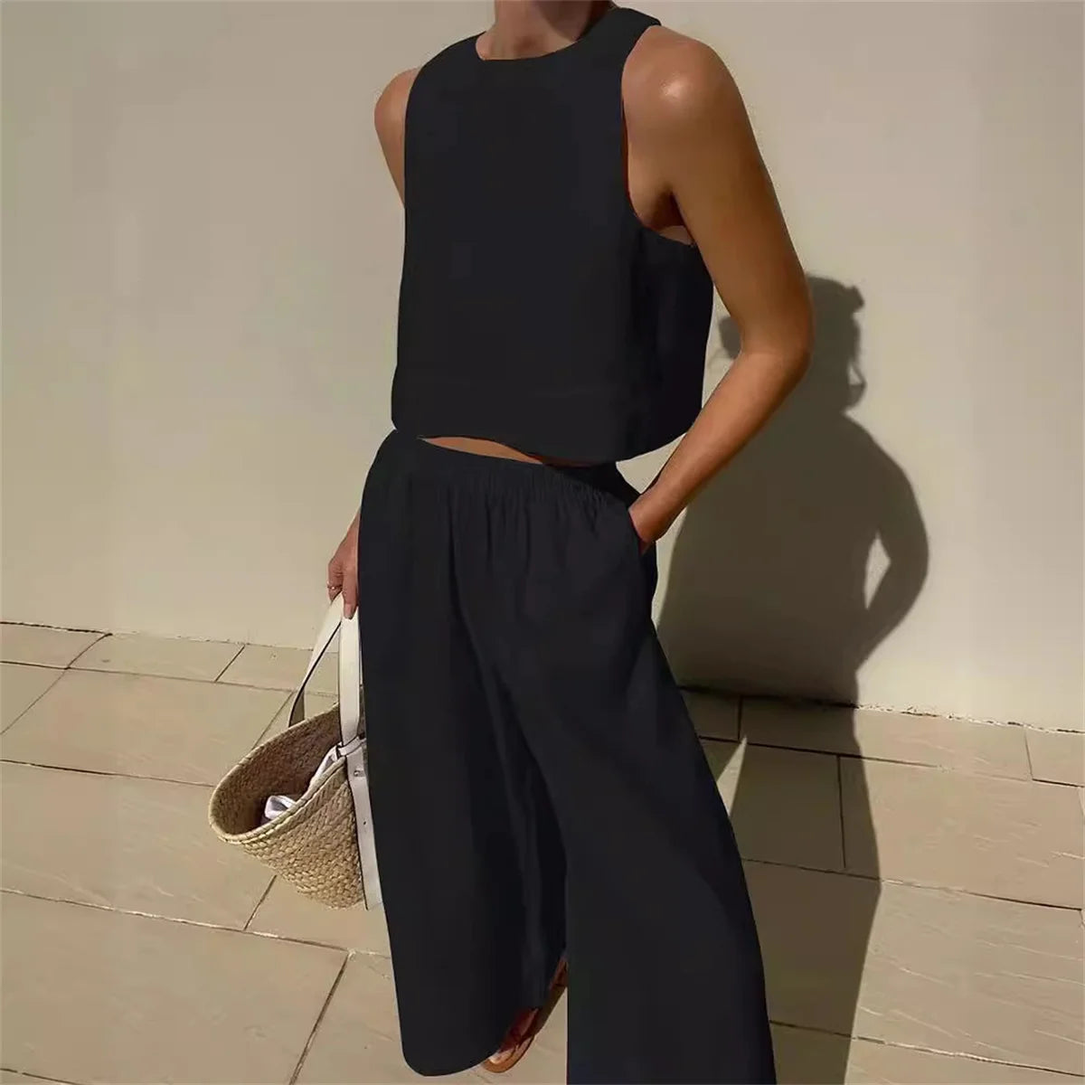 Sleeveless Wide Leg Two Piece Pants Set Secondary image