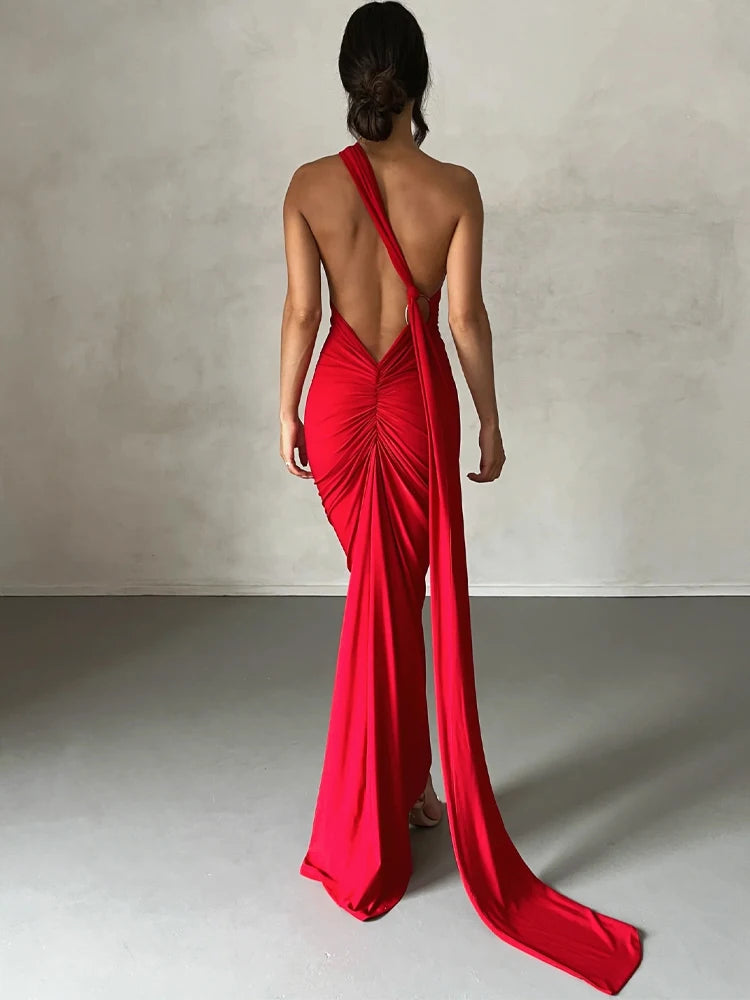 One Shoulder Scarf Ruched Maxi Dress