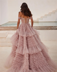 Pink Layered Tulle Prom Dress