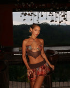 Retro Prints Backless Cover-Up Skirt Three Piece Swim Sets