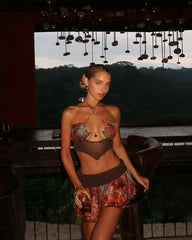 Retro Prints Backless Cover-Up Skirt Three Piece Swim Sets