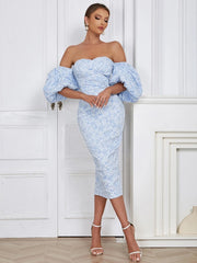 Flower Print Sky Blue V-Neck Bodycon Lace Dress