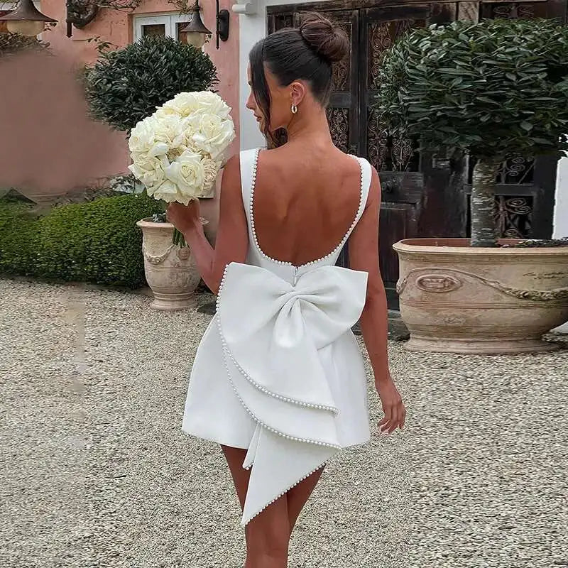Pearl Bow Waist Wrap Backless Mini Dress Secondary image