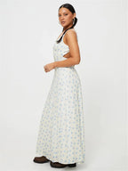 V-neck Lace-up Sleeveless Floral Dress