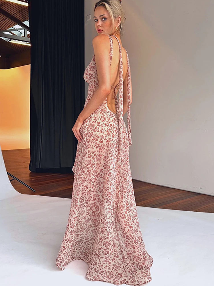 Chiffon Lace Up Slit Floral Dress Main image