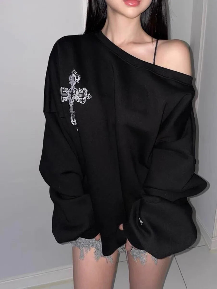 Dark Off Shoulder Pullover Hoodie Main image