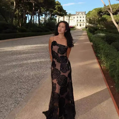 One Shoulder Mesh Flower Floral Dress