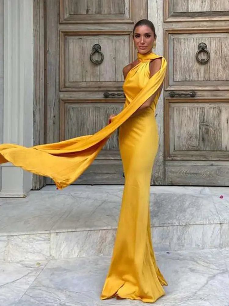 Solid Ribbon Halter Off Shoulder Silk Dress Secondary image