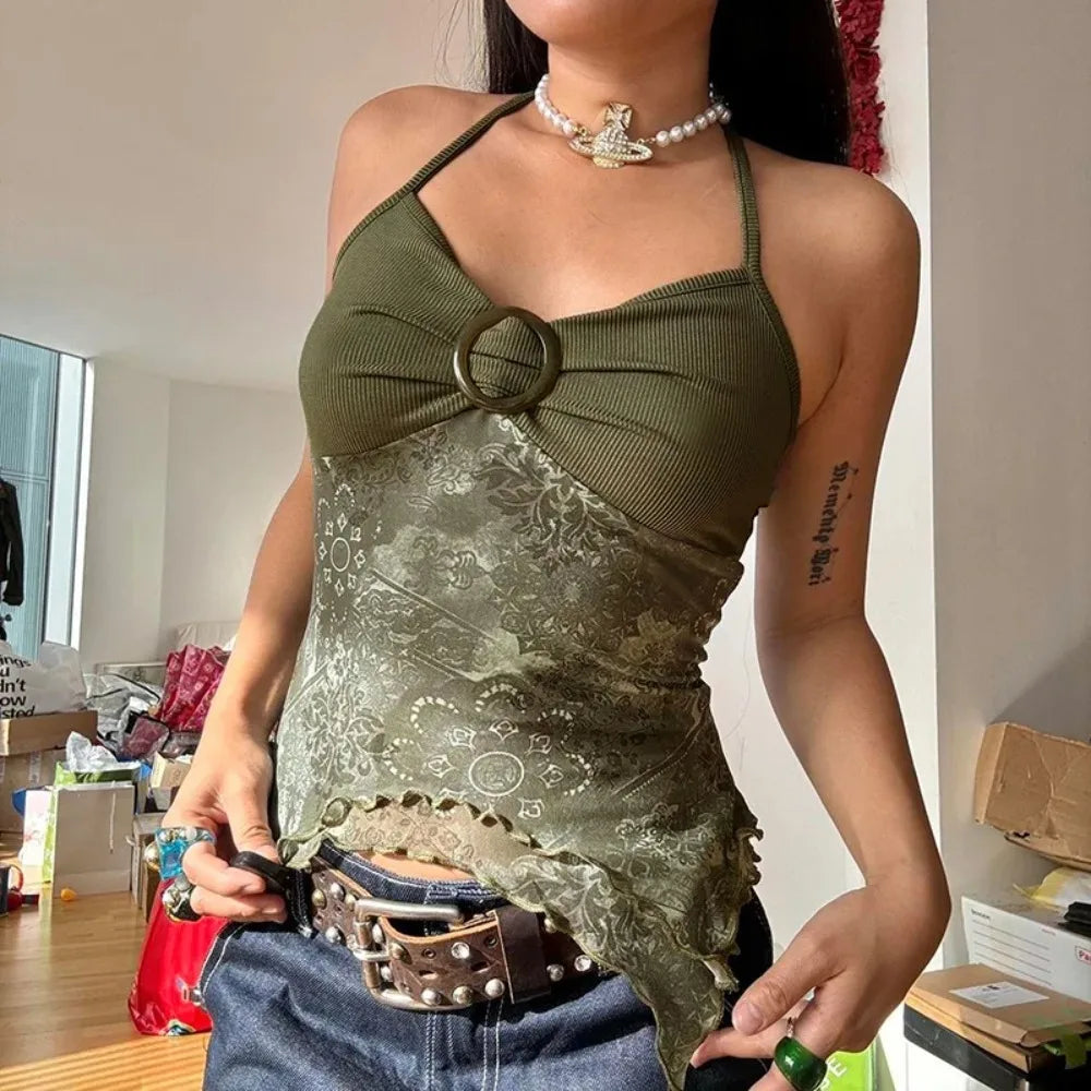 Patchwork Mesh Backless Print Cami Top Main image