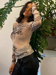 Gothic Graphic Full Sleeve Sheer Top