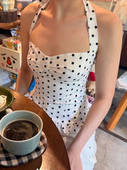 Polka Dot Bandage Ruffles Backless Halter Cami Top