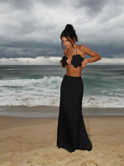 3D Flower Sleeveless Sweet Chic Slit Beach Two Piece Skirt Set