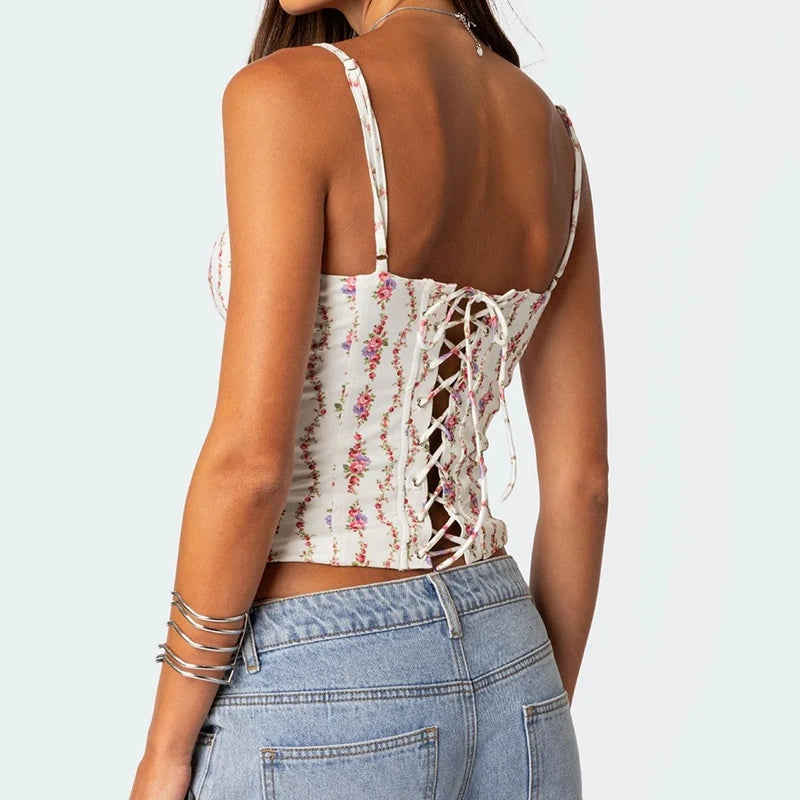 Backless Criss Cross Tie-Up Floral Cami Top Secondary image