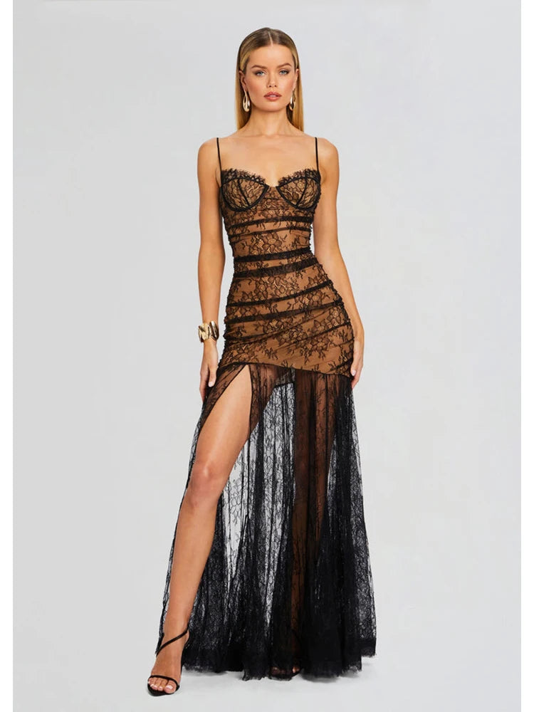 Spaghetti Strap Folds Split Elegant Lace Dress Secondary image