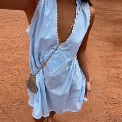 Lace Trim V Neck Flowy A-Line Mini Dress