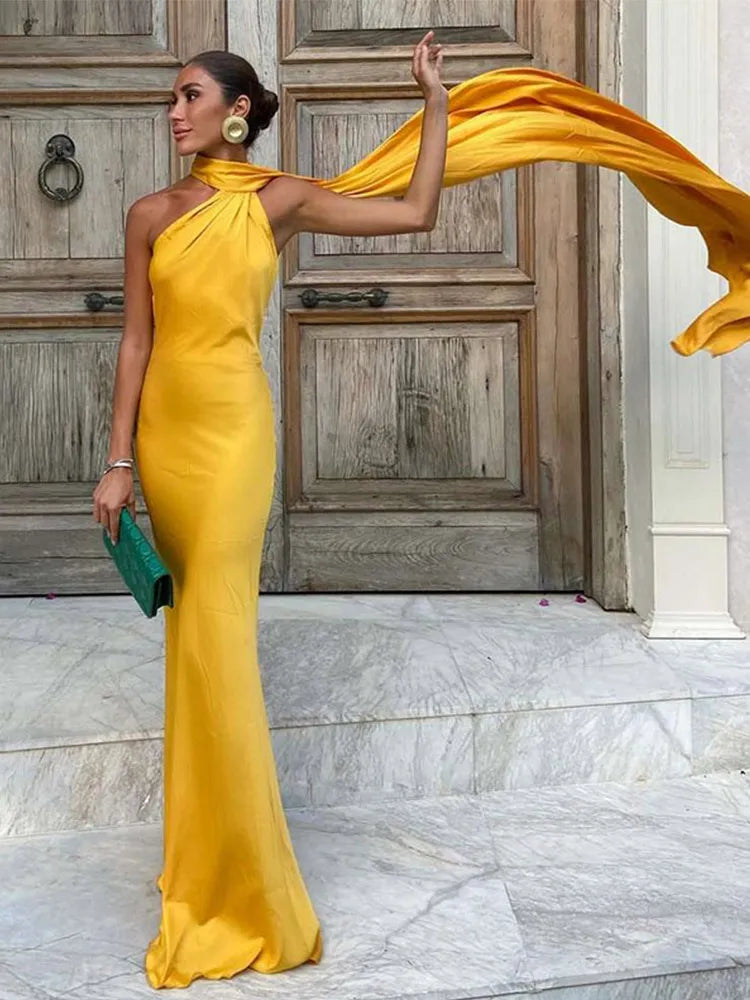 Solid Ribbon Halter Off Shoulder Silk Dress Main image