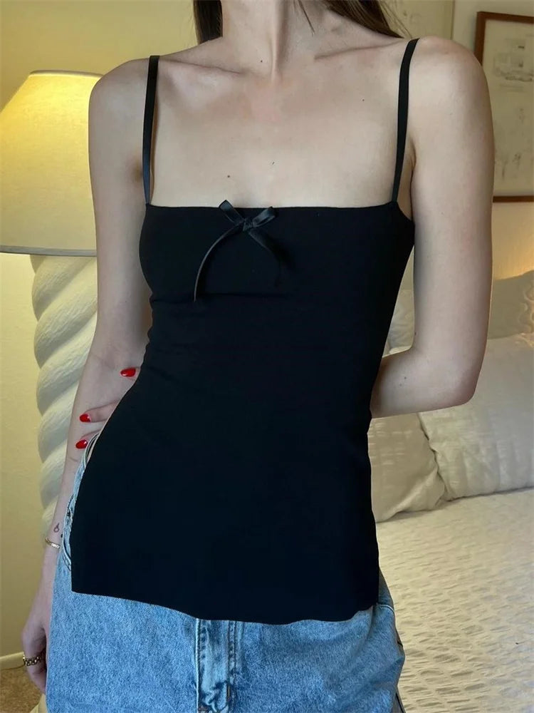 Sexy Women Slim Front Satin Bowknot Patchwork Spaghetti Strap Mini Vest Side Split Streetwear 2024 Crop Top