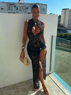 Embroidery Stand Collar Sheath Sheer Lace Dress