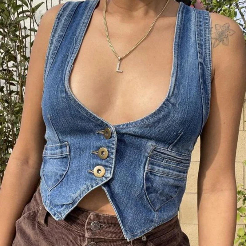 Y2K Vintage Denim V-Neck Button Down Irregular Cami Top Main image