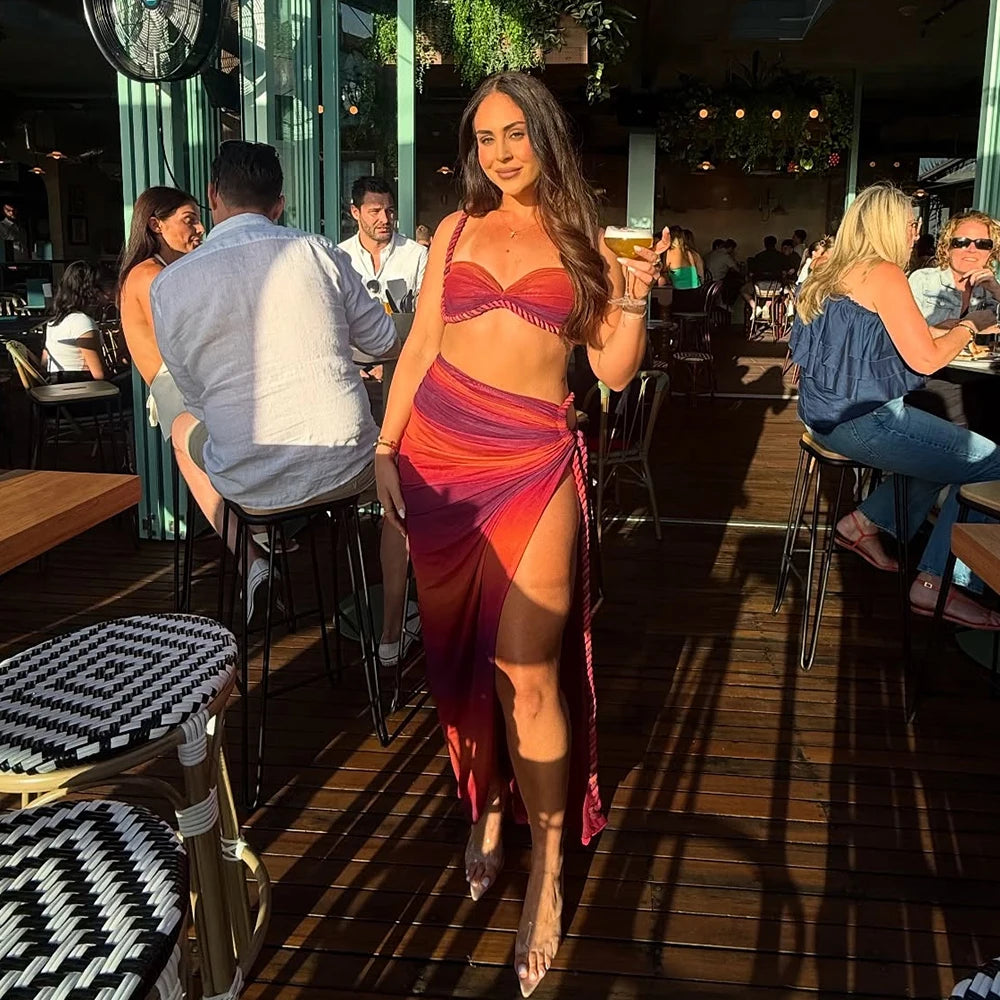 Gradient Cover Up Push Up Long Skirt Three Piece Swim Sets