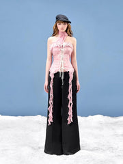 Mesh Scarf Patchwork Lace Ruffled Sheer Top